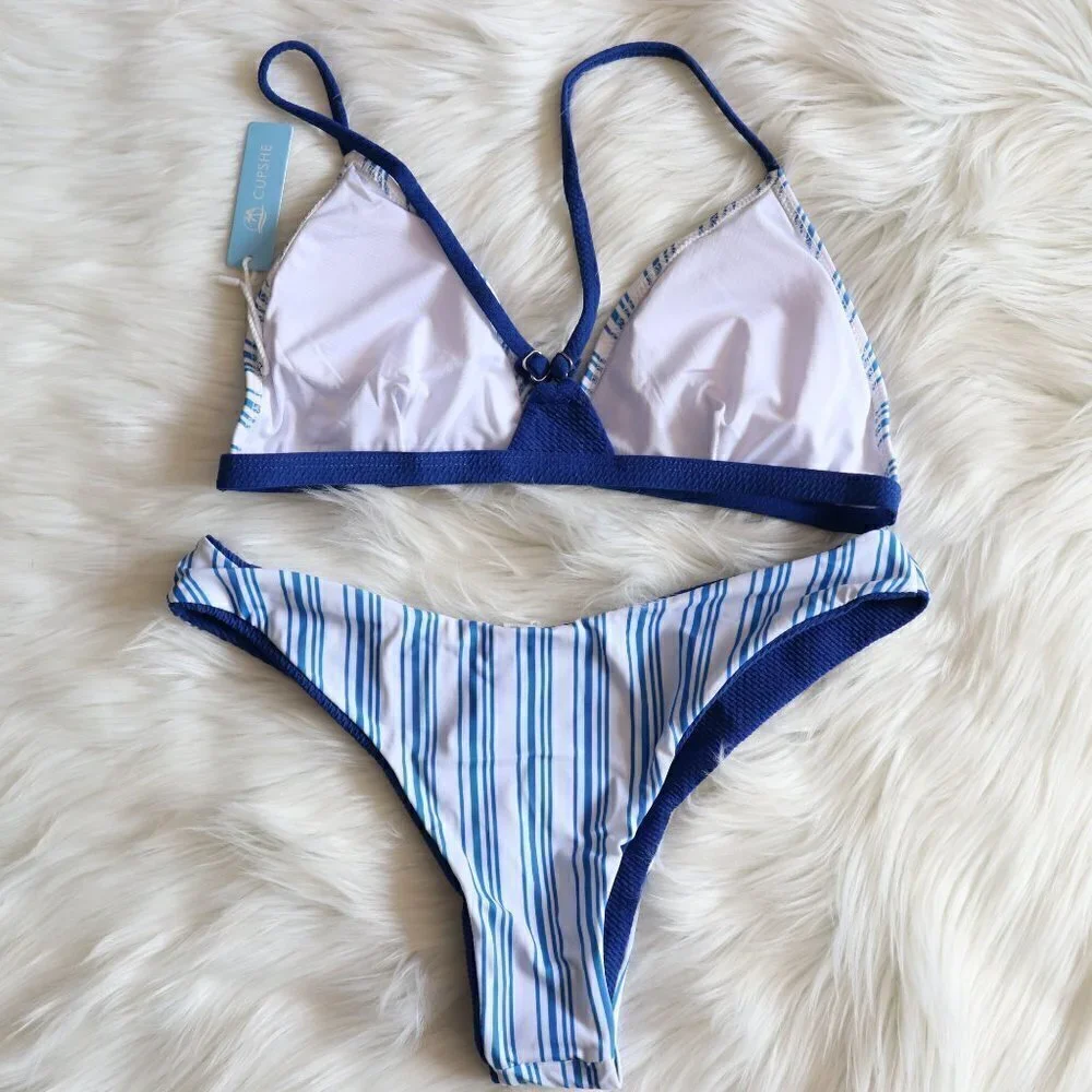 NEW White Blue Stripe Bikini Bathing Suit Swim Set Size Medium Beach Summer Pool